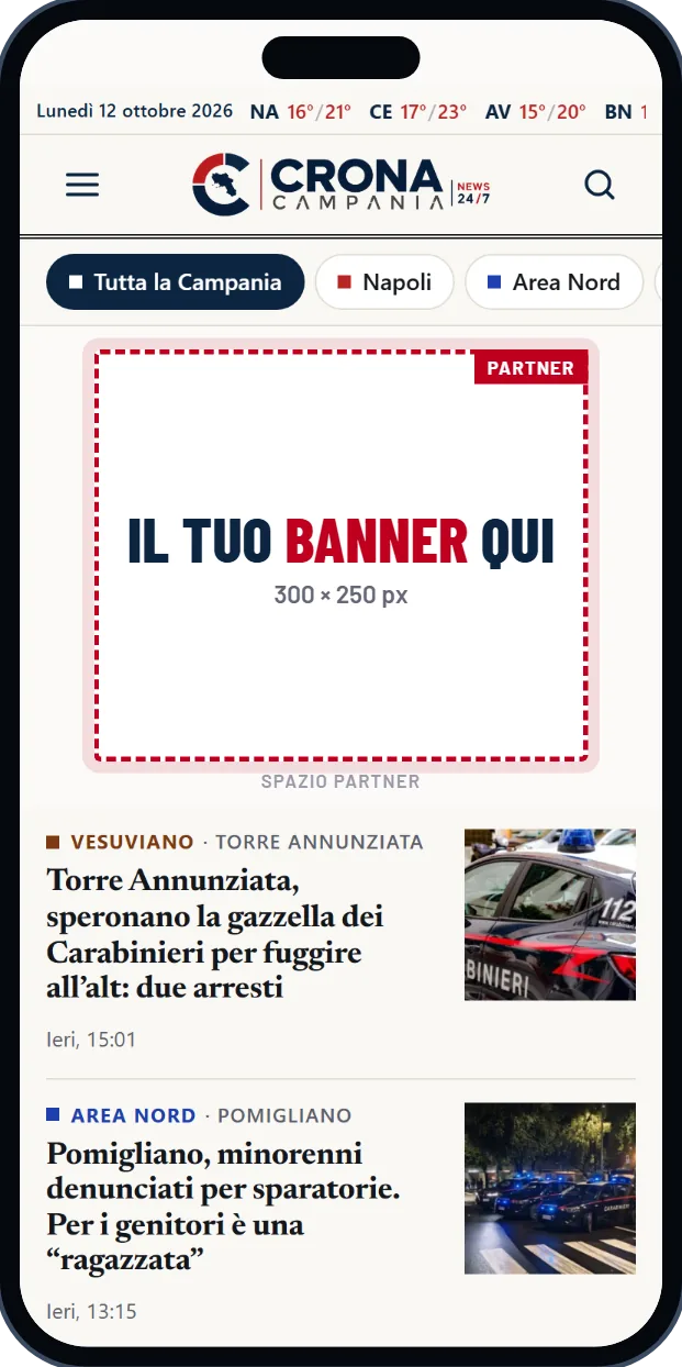 La home di CronaCampania.it vista da telefono, con lo spazio partner da 300 per 250 pixel subito sotto la testata